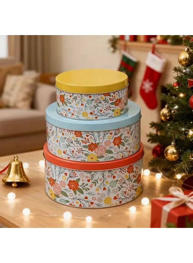 Small 3 Tier Metal Canister Set With Lids Floral Design Round Desktop Storage For Snacks Candy Kitchen Organization - Image 1